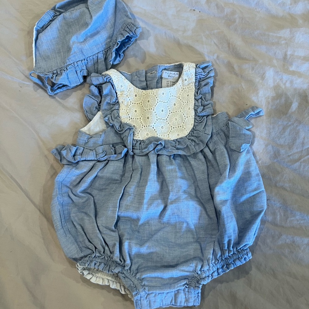 T Tahari Blue and White Bodysuit with Ruffled Straps, never worn